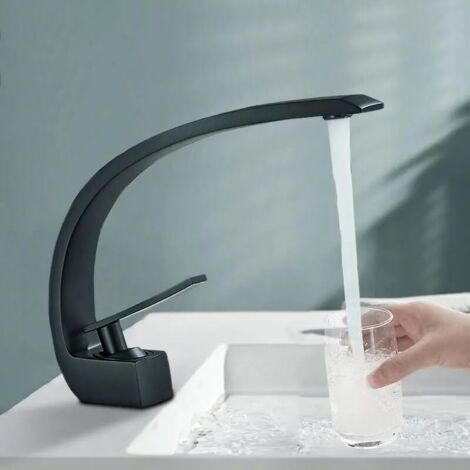 Grifo curvo para lavabo de baño, monomando, color negro, agua fría y caliente, latón macizo.