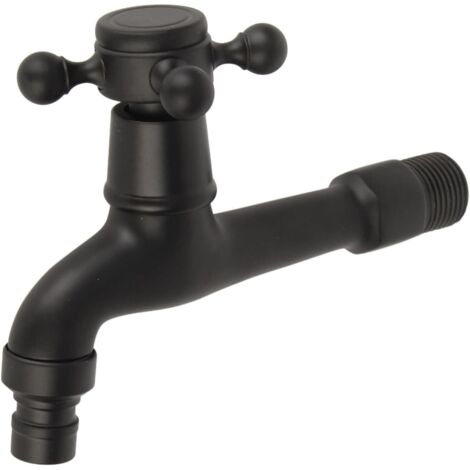 Grifo de agua fría de estilo vintage, grifo mural con mango cruzado para lavabo de baño, grifo de jardín exterior con monomando, interfaz G1/2, color negro.