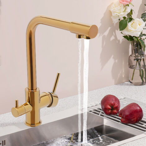 Grifo de agua potable de 3 vías, grifo dorado, grifo de cocina, filtro de agua, grifo DE