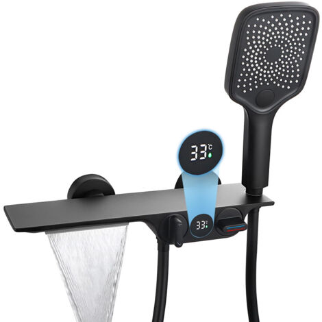 Grifo De Bañera Cascada Con Indicador de Temperatura, Mezclador De Ducha Montado En La Pared Ducha De Mano De 3 Funciones Grifo Para Baño Bañera, Latón (Negro)