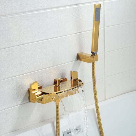 Grifo de bañera con cascada de pared para baño, con ducha de mano y mezclador (color dorado B)