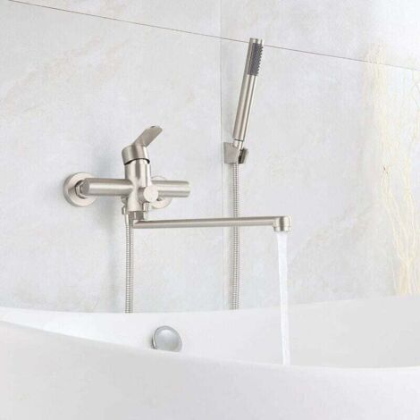 Grifo de bañera con ducha de mano redonda LaBlanc, mezclador de pared, de acero inoxidable cepillado