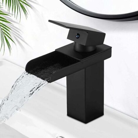 Grifo de baño cascada negro mate, agua caliente y fría, válvula de cerámica, grifo de baño con diseño de cascada cóncava, G 3/8