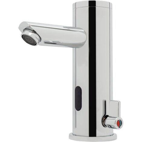 Grifo de baño compacto con sensor infrarrojo  Grifo automático con control de temperatura (0-55 °C) y alimentación por batería  Acero inoxidable cromado sin contacto  Grifo monomando