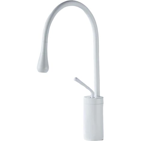 Grifo de baño con brazo giratorio de 360° y diseño de gota, grifo mezclador blanco, perfil bajo.