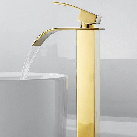 ONTWAY Grifo de baño con caño alto para lavabo en cascada, mezclador moderno de agua fría y caliente, cuadrado, cromado, de un solo orificio (dorado)