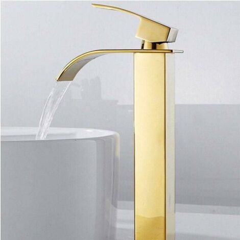 Grifo de baño con caño alto para lavabo en cascada, mezclador moderno de agua fría y caliente, cuadrado, cromado, de un solo orificio (dorado)