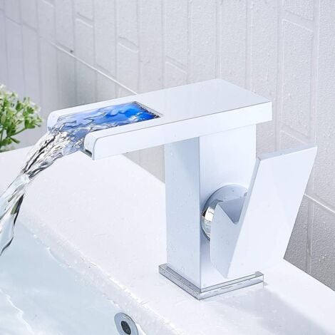 Grifo de baño con cascada LED, grifo de cascada luminoso, grifo de tocador de baño de agua fría y caliente blanca