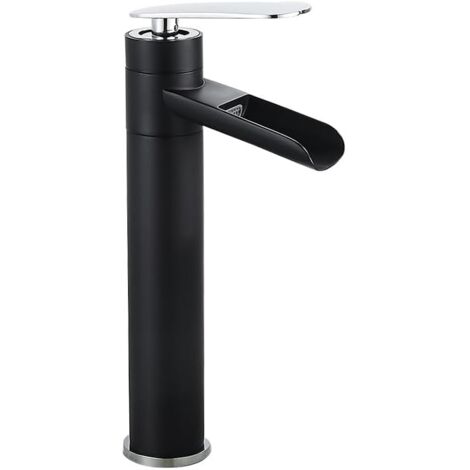 Grifo de baño de un solo orificio con grifo de agua fría y caliente, negro y plateado, grifo de lavabo de baño alto de un solo orificio