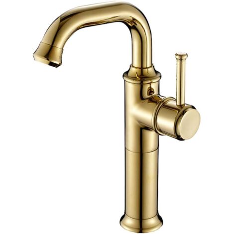 Grifo de baño de un solo orificio para montaje en repisa, monomando, caño giratorio, para lavabo, grifo de agua fría y caliente (dorado, alto)