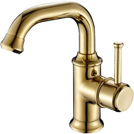 Grifo de baño de un solo orificio para montaje en repisa, monomando, caño giratorio, para lavabo, grifo de agua fría y caliente (dorado, corto)