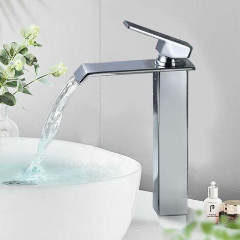 Grifo de baño, grifo cascada, grifo de tocador alto, grifo de tocador de latón, mezclador monomando de baño, cromado