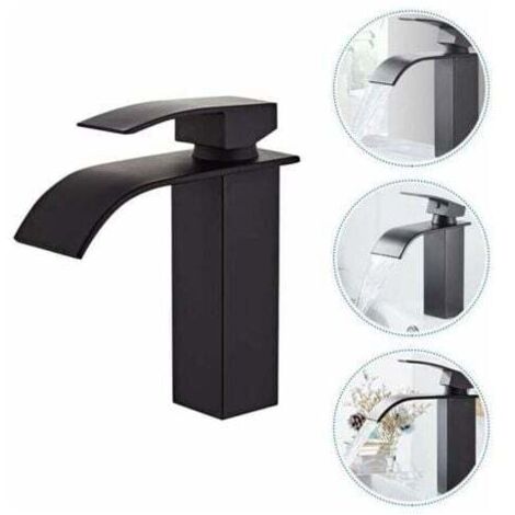 Grifo de baño, grifo de lavabo con agua fría y caliente disponible, grifo de lavabo moderno en diseño de cascada, diseño de cuerpo de válvula de cobre negro duradero