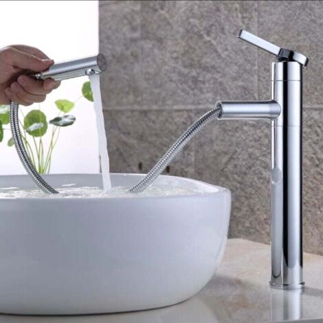 Grifo de baño, grifo de lavabo giratorio 360°, caño alto, extraíble, apto para lavabos, grifo de lavabo de latón cromado - Grifo de lavabo