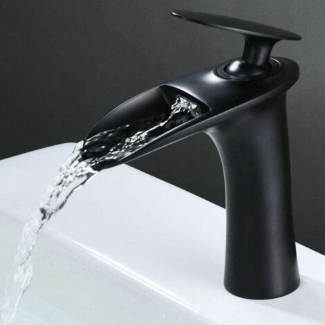 Grifo de baño, mezclador de lavabo de agua fría y caliente, latón, un solo tornillo, acabado negro (con manguera)