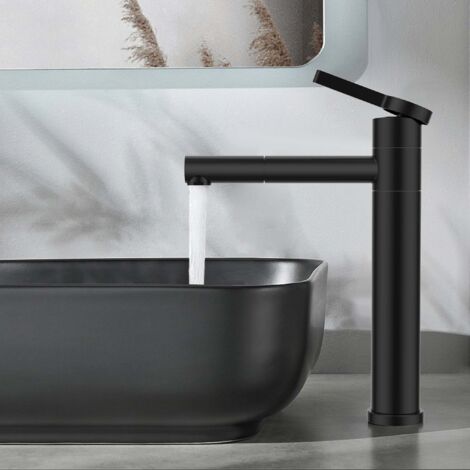 Grifo de baño negro, apto para lavabos altos, con caño giratorio de 360°, fabricado en acero inoxidable, diseño moderno.