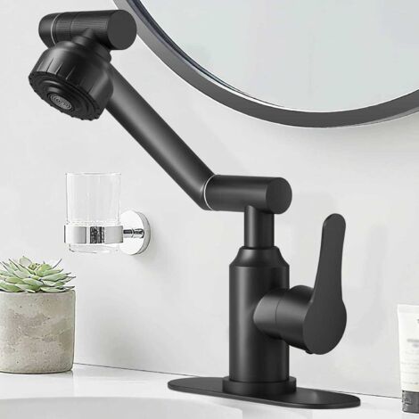Grifo de baño negro, grifo de lavabo de acero inoxidable giratorio de 1080°, grifo de baño monomando con mangueras de agua fría y caliente, 2 modos de salida de agua, gris antracita.