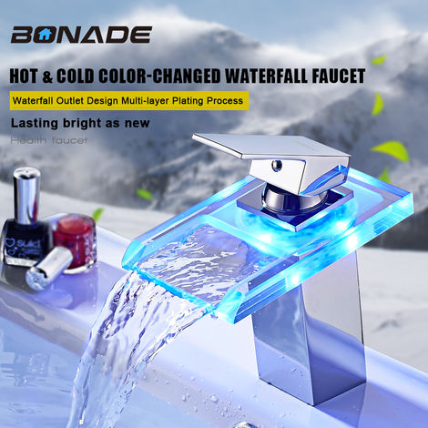 Grifo de cascada con iluminación LED RGB, grifo mezclador monomando para lavabo, grifo de latón, grifo, temperatura y colores