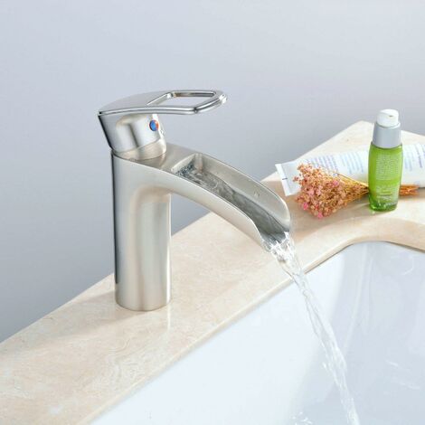 Grifo de cascada de un solo mangoZOLGINAH para baño, grifos mezcladores de lavabo de latón de níquel cepillado, fregadero moderno de montaje de un solo orificio