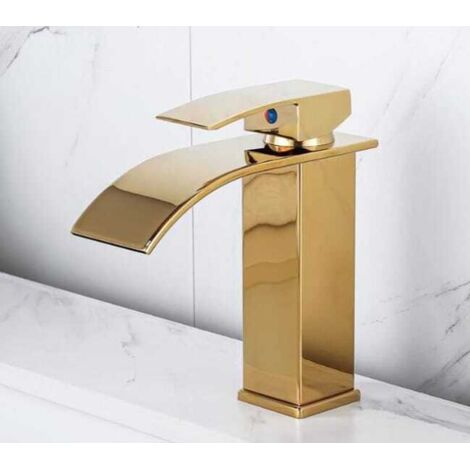 Grifo de cascada lacado en oro para lavabo de encimera y mueble de baño, grifo monomando, grifo de lavabo tipo cascada, grifo mezclador UE