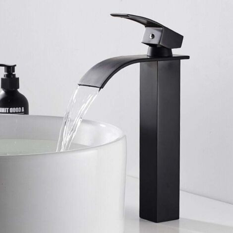 Grifo de cascada negro con caño alto, grifo mezclador monomando para lavabo con palanca de cobre, mezclador de agua fría y caliente para baño.