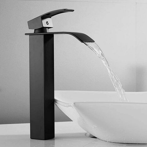 DECKON Grifo de cascada negro con caño alto Grifo monomando de lavabo alto Grifo de lavabo manual de un solo orificio con monomando Agua fría y caliente para baño