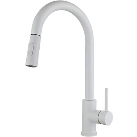 Grifo de cocina, blanco, acero inoxidable, arco alto, extraíble, giratorio 360°, grifo monomando para fregadero con 2 modos, grifo de cocina extraíble
