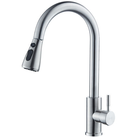 Grifo de cocina, caño retráctil, grifo mezclador de cocina, grifo de cocina de alta presión giratorio de 360 grados, 2 boquillas rociadoras, con curva pronunciada, color plata.