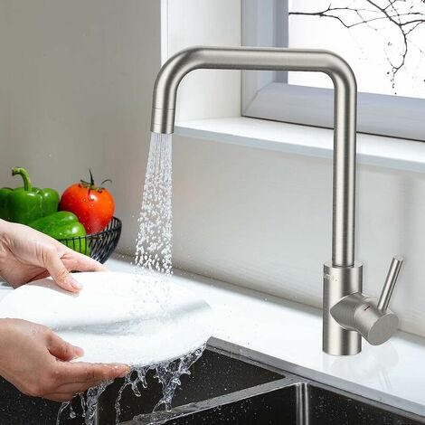 Grifo de cocina cepillado 2 chorros a elegir Caño giratorio 360° Grifo de fregadero ecológico Mezclador de cocina de latón Grifos de cocina de acero inoxidable SS304