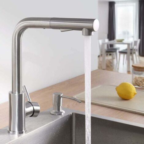 Grifo de cocina con 2 modos de chorro, grifo mezclador de cocina con ducha extraíble, giratorio 360°, frío y caliente, disponible, acero inoxidable cepillado