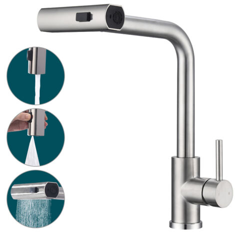 Grifo de Cocina con Ducha Extraíble, Grifería de Cocina con 3 Tipos de Chorro, Grifo de Cocina con Ducha, Grifo de Fregadero en Acero Cepillado, Pico Rotativo 360°