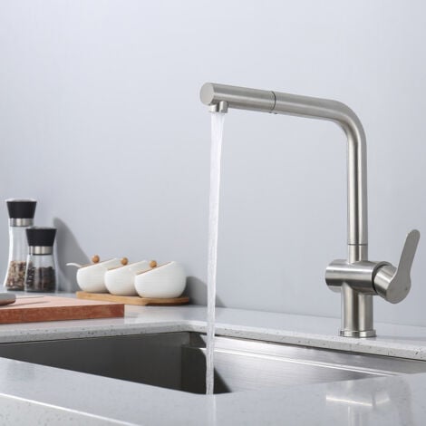 Grifo de Cocina con Ducha Extraíble, Mezclador Fregadero Giratorio 360°, Grifería de Cocina en Acero Inox Cepillado