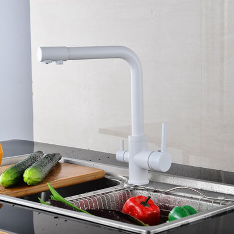 Grifo de cocina con filtro de ósmosis inversa de tres vías y doble manija, elegante diseño en color blanco.