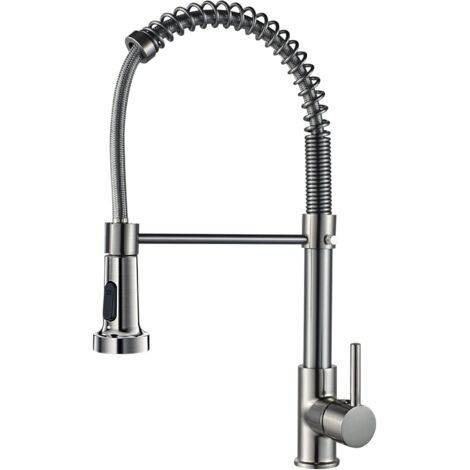 Grifo de cocina con maneta de latón con resorte y rociador extraíble, grifo mezclador para fregadero (níquel cepillado).