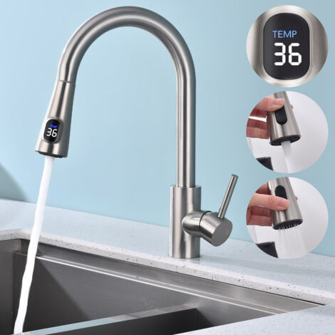 Grifo de cocina con pantalla LED de temperatura, grifo inteligente para cocina, acero inoxidable cepillado con ducha extraíble 360°, 2 modos – Diseño moderno y seguro