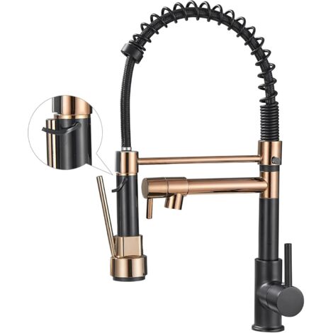Grifo de cocina con rociador desplegable de arco alto de un solo mango para fregadero de cocina, color negro y oro rosa