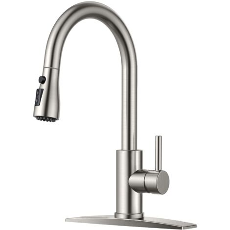 Grifo de Cocina con Rociador Extensible, Níquel Cepillado, Arco Alto Monomando Tradicional 3 Modos Acero Inoxidable para Fregadero Granja RV Bar Lavandería Campista