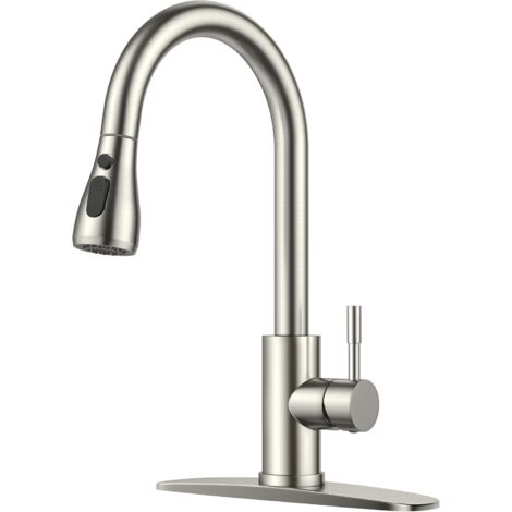 Grifo de cocina con rociador extraíble, monomando de acero inoxidable niquelado cepillado de arco alto, con placa de montaje, apto para instalaciones de 1 o 3 orificios, ideal para granjas, autocarava