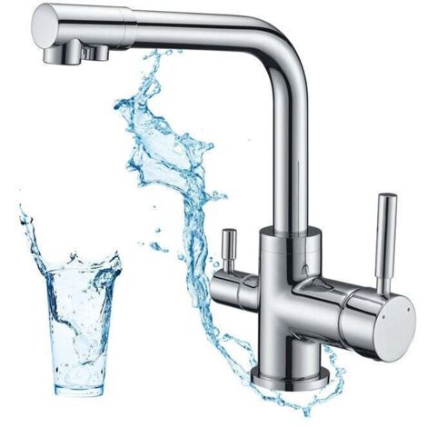 Grifo de cocina de 3 vías, mezclador giratorio de 360°, grifo de cocina para agua potable, grifo mezclador para fregadero con salida de agua filtrada