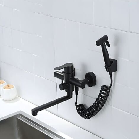 SJQKA Grifo de cocina de acero inoxidable negro de primera calidad para montaje en pared, fácil instalación, control de temperatura dual, pico alargado para una limpieza completa: elegancia y durabilidad