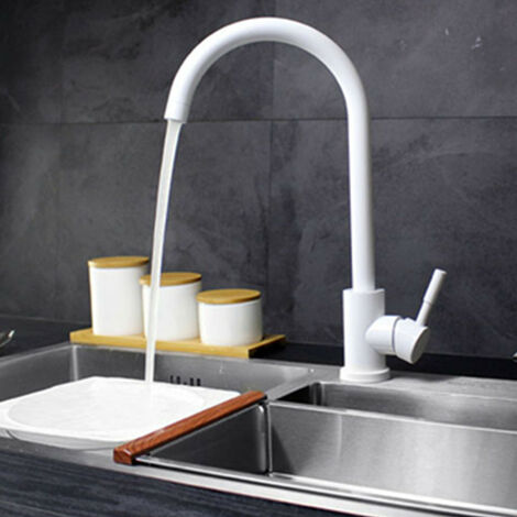 Grifo de cocina de caño alto, monomando para fregadero, giratorio 360°, agua caliente y fría, grifo mezclador de cocina en latón con aireador desmontable, en forma de U, blanco