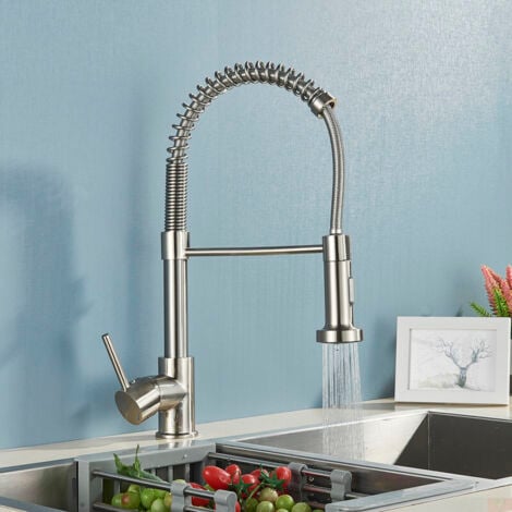 SUGUWORD Grifo de cocina de color plateado cepillado, giratorio 360°,extraer grifo de resorte,grifo de cobre,modo dual con cabezal pulverizador de doble función (plateado cepillado)
