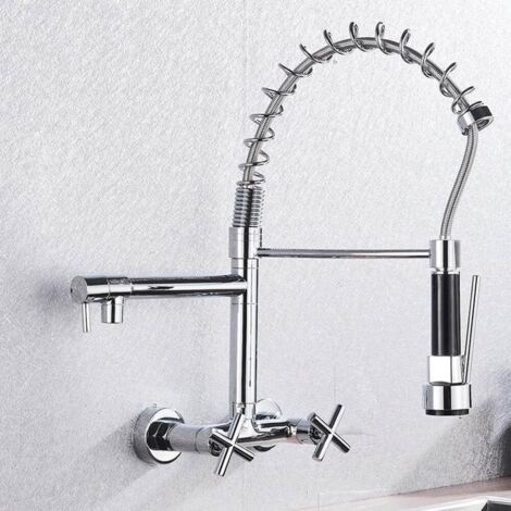 Grifo de cocina de doble manija, agua fría y caliente, grifo de cocina mural con dos caños giratorios, cromado