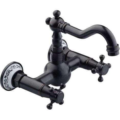 Grifo de cocina de estilo antiguo, de bronce aceitado, montado en la pared (negro)