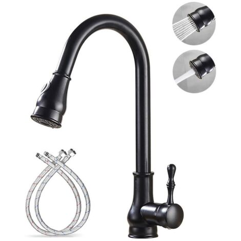 Grifo de cocina de estilo retro con rociador extraíble, rotación de 360°, acabado en latón negro y caño de doble función.