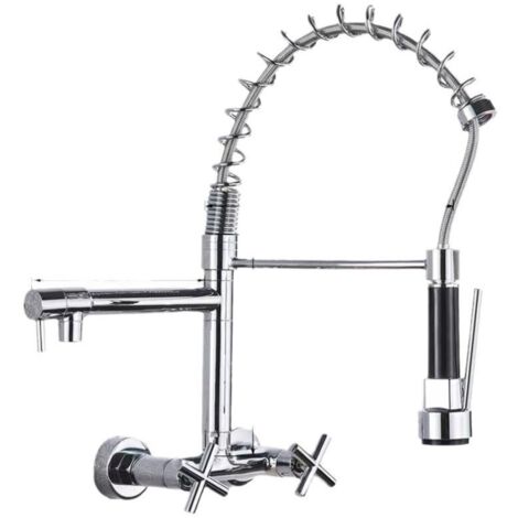 Grifo de cocina de pared  , caño extraíble, grifo giratorio de 360° con 3 modos de rociado, chapado en plata