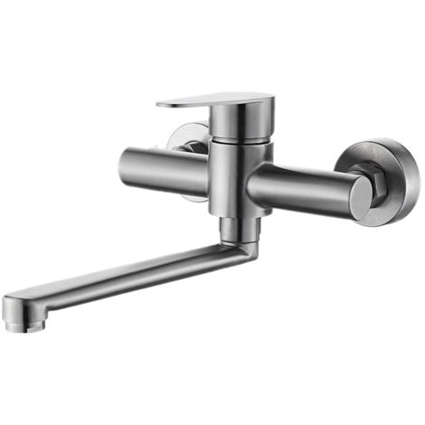 Grifo de cocina de pared, mezclador de acero inoxidable, giratorio 360°, para fregadero, agua fría y caliente, orificios de montaje ajustables, brazo giratorio de 23 cm, cepillado.