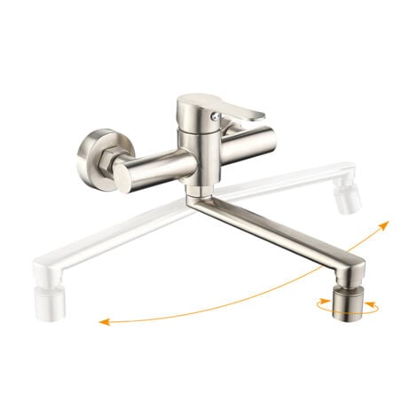 Grifo de Cocina de Pared – Mezclador de Fregadero con 2 Tipos de Chorro, Caño Giratorio 360° en Acero Cepillado