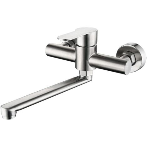 Grifo de cocina de pared plateado con rotación de 360°, mezclador para fregadero, monomando oculto, de acero inoxidable cepillado, caño de 225 mm