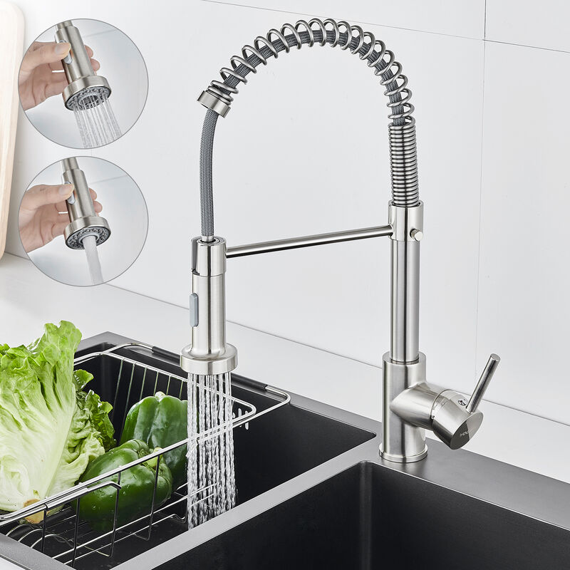 

Grifo de cocina extensible con muelle en espiral, 360°, grifo para fregadero con dos caño de alta presión, de acero inoxidable